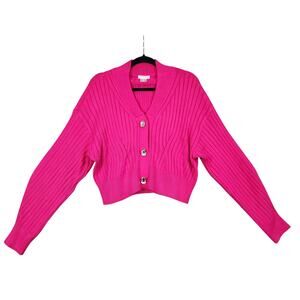 Venus Hot Pink Cropped Cardigan Sweater Size Large Chunky Rhinestone Snaps Girly